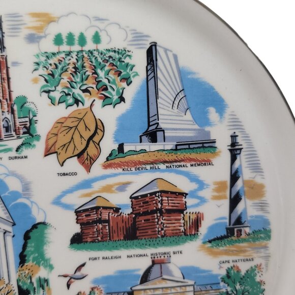 Vintage North Carolina Souvenir Plate With Gold Trim & Scenic Illustrations - Picture 4 of 10